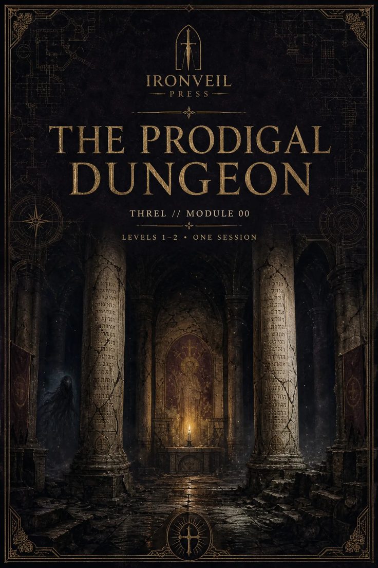 The Prodigal Dungeon cover showing a candlelit cathedral-like civic hall in the Ashenfold District